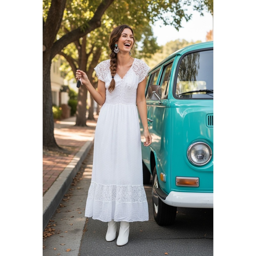 Anna-Kaci White Swiss Dot Lace Maxi Dress Smocked‎ Boho Cottagecore Small
